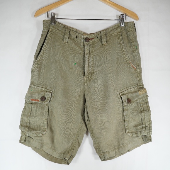True Religion Other - True Religion Men's Green Khaki Linen Cargo Shorts Embroidered Accents Size 32